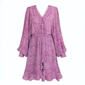 Aconiconi Pink Printed Floral Chiffon Long Sleeve Mini Dress- Small